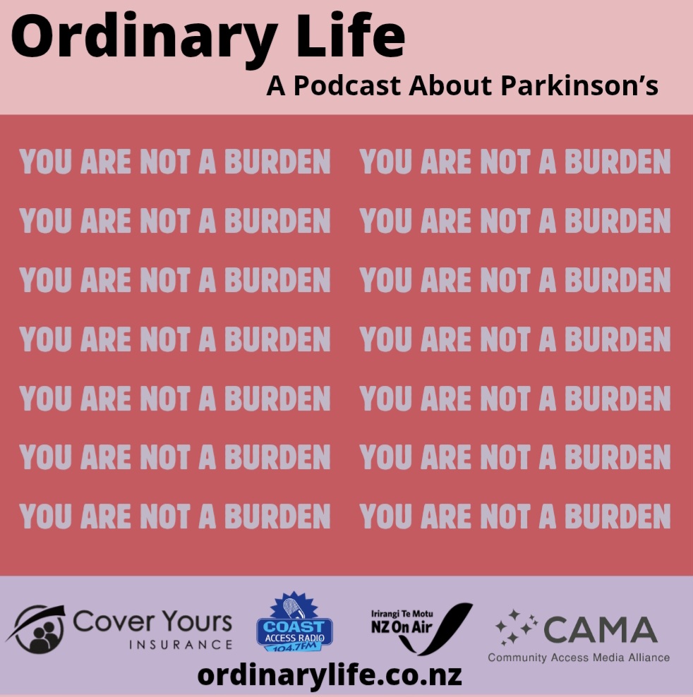 reads "you are not a burden" in white text on a pink background.