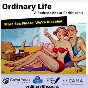 shows saucy British postcard style from 1950s with woman in a bikini with a man sat on a beach.