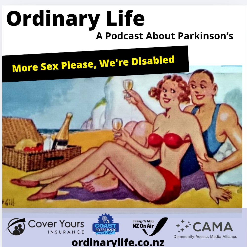 shows saucy British postcard style from 1950s with woman in a bikini with a man sat on a beach.